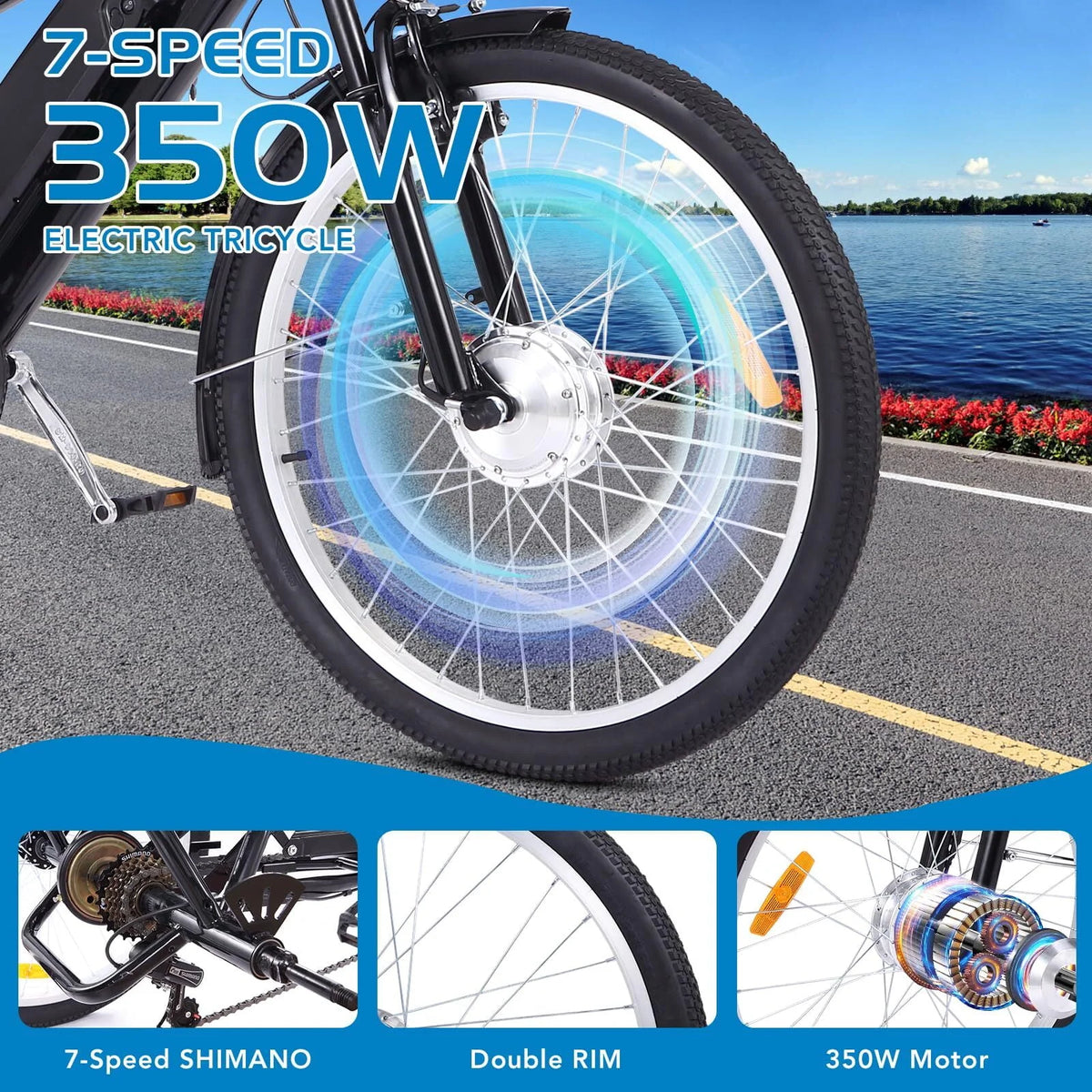 Electric Tricycle 24 7 Speeds 3 Wheels Blue F6037